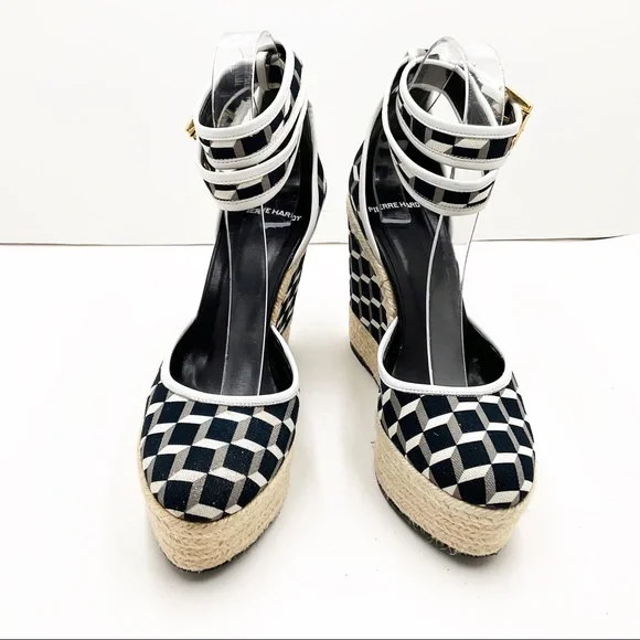 {Pierre Hardy} Canvas & Leather Cubed Print Espadrille Wedges - Picture 4 of 16